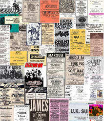 Gig flyers and adverts for London's Lost Music Venues book by Damaged Goods. James, UK Subs, Nine Below Zero, Rock Garden, Opera on the Green, Marquee
